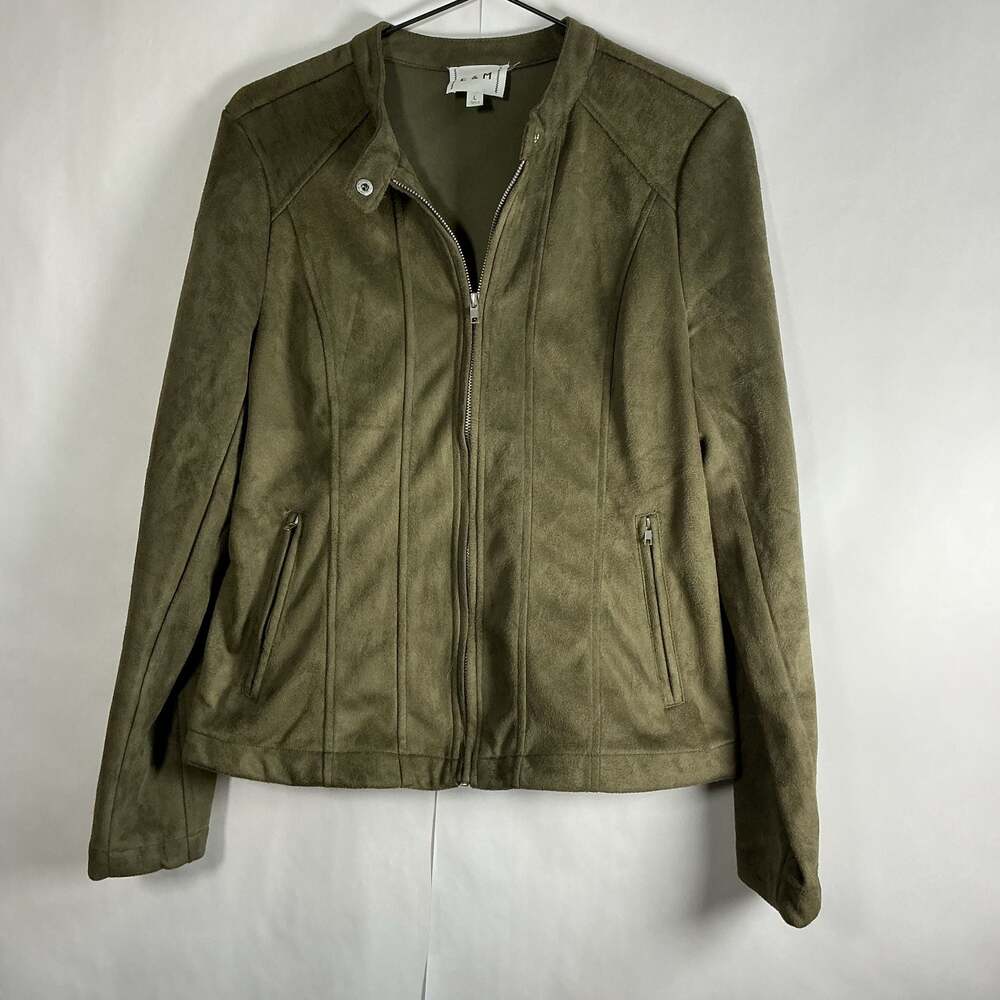 E & M Olive Green Faux Suede Moto Jacket Size L TB6379